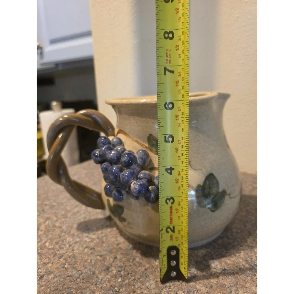 VTG Studio Pottery Pitcher Raised Grapes Twisted Handle Signed 6